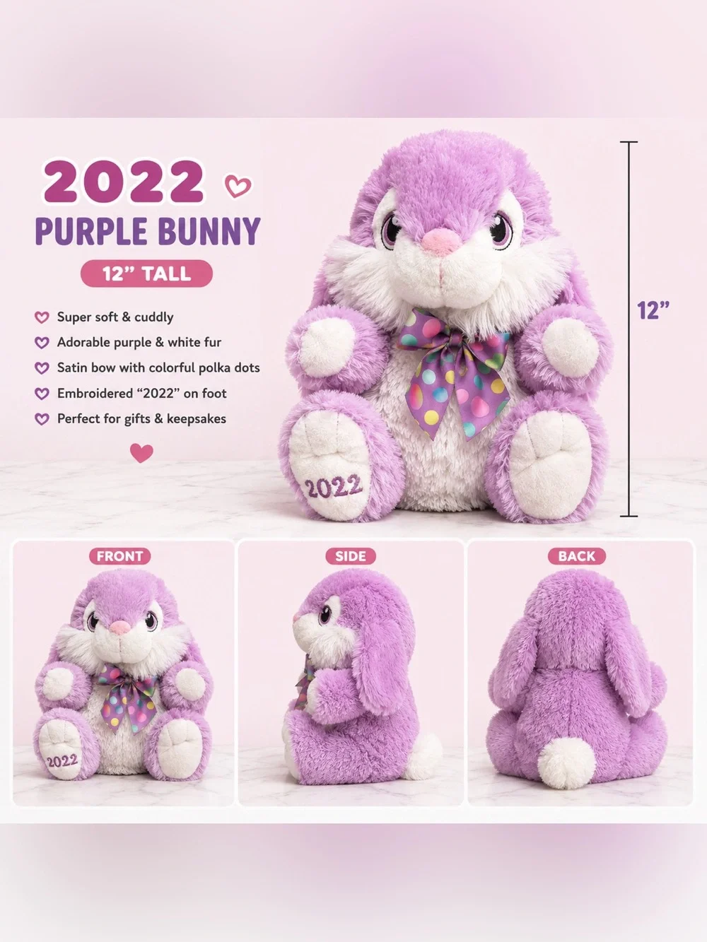 2022 Purple Bunny Plush Stuffed Animal - Purple & White